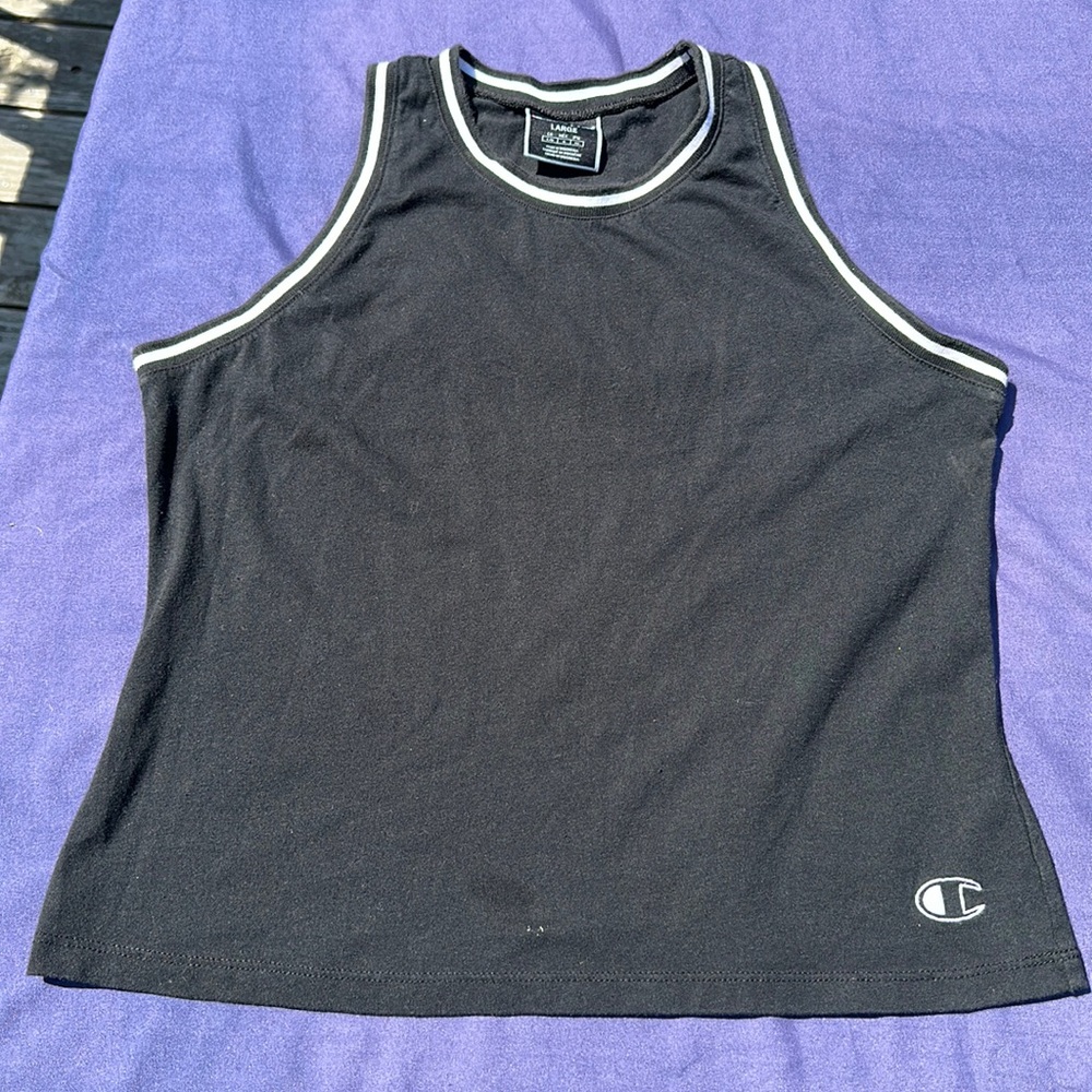 Champion Tank Top black with white accents embroidered logo front & back large